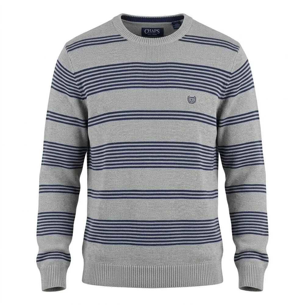 6LS9 Chaps Gray Blue Striped Crewneck Pullover Sweater Men Size XL